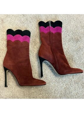 Sergio Rossi mid-calf booties burgundy suede pink black scalloped trim 35